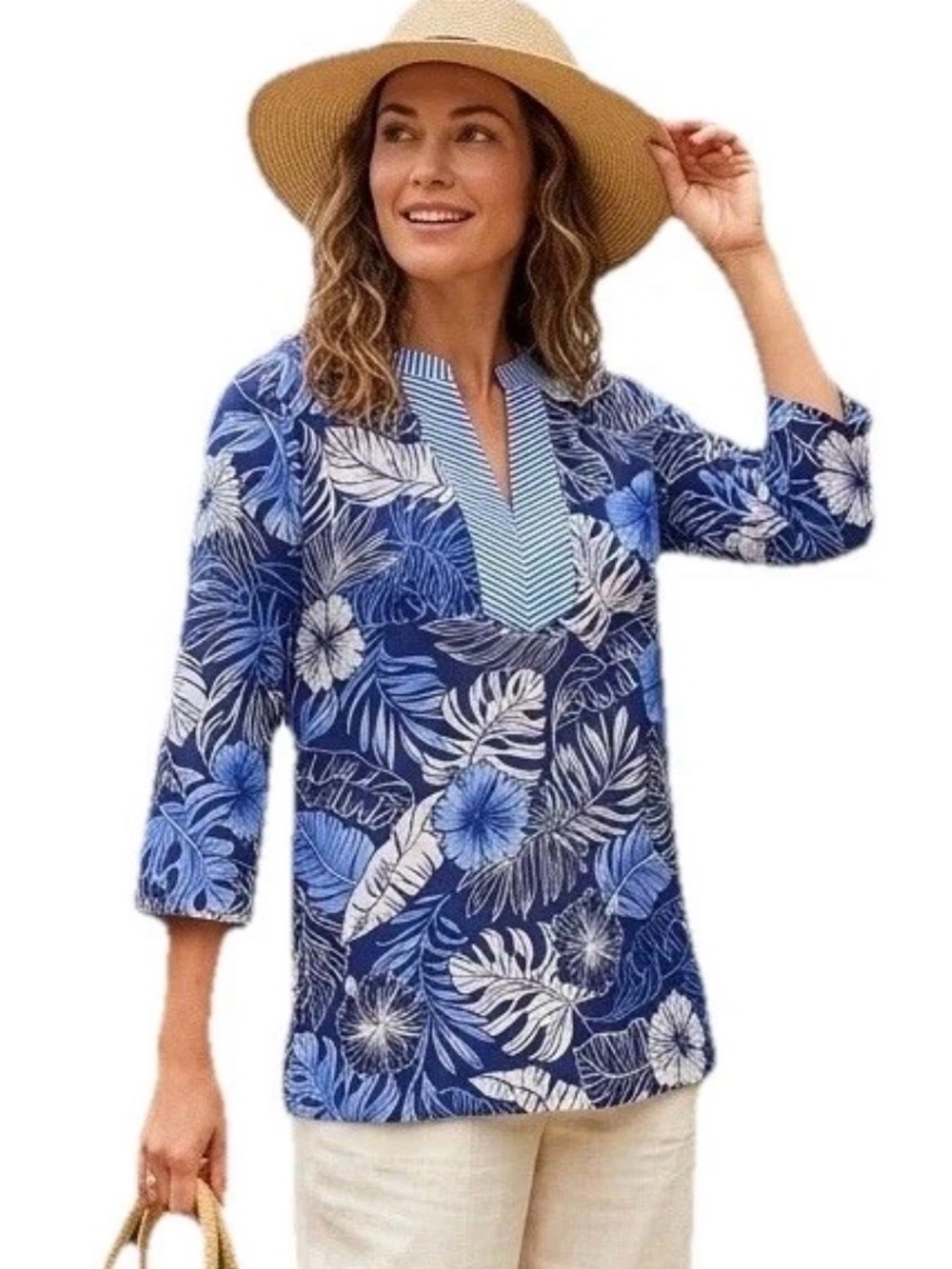 Talbots Petite Tunic Top Cotton Blue Hibiscus Tropical Floral Boho Coastal MP